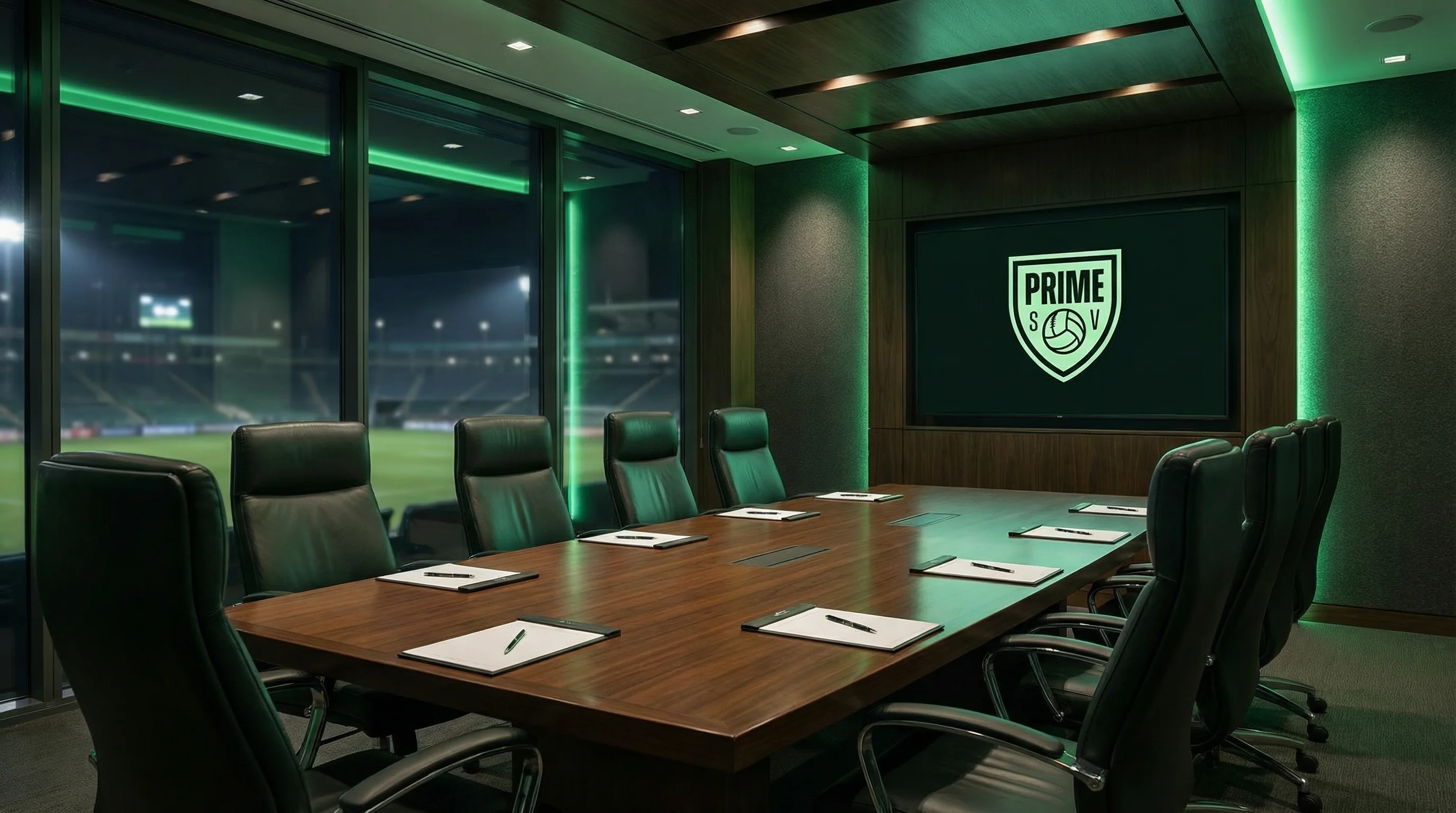 Prime Sports Ventures boardroom with logo on screen overlooking stadium